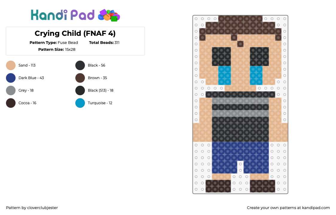 Crying Child (FNAF 4) - Fuse Bead Pattern by cloverclubjester on Kandi Pad - crying child,fnaf,five nights at freddys,character,horror,video game,tan,black