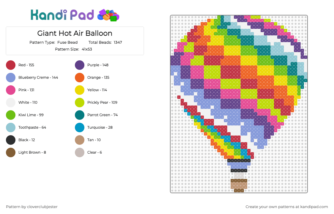 Giant Hot Air Balloon - Fuse Bead Pattern by cloverclubjester on Kandi Pad - green,purple,yellow,orange,colorful
