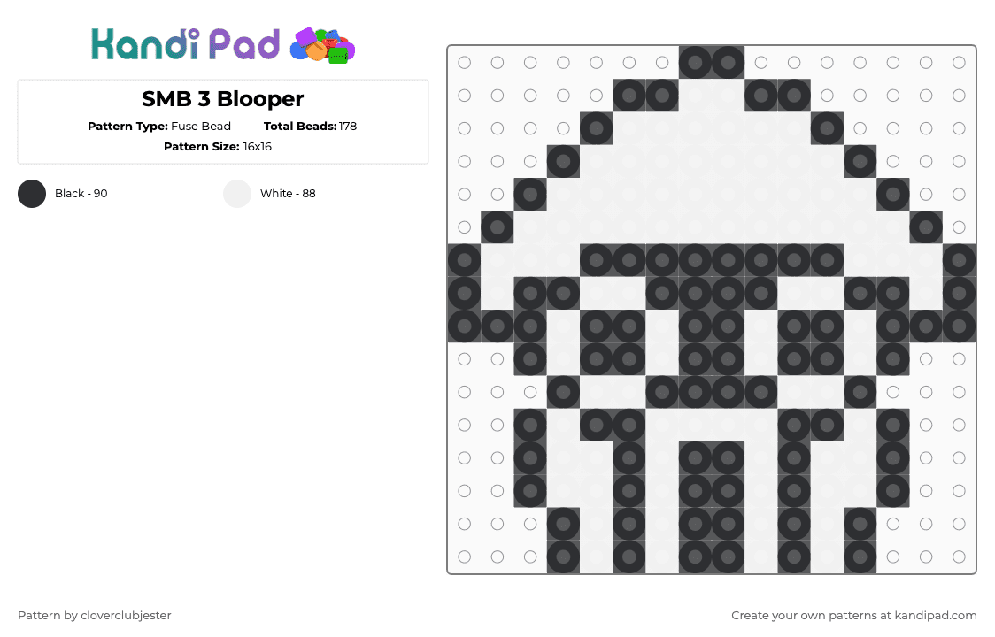 SMB 3 Blooper - Fuse Bead Pattern by cloverclubjester on Kandi Pad - black,white
