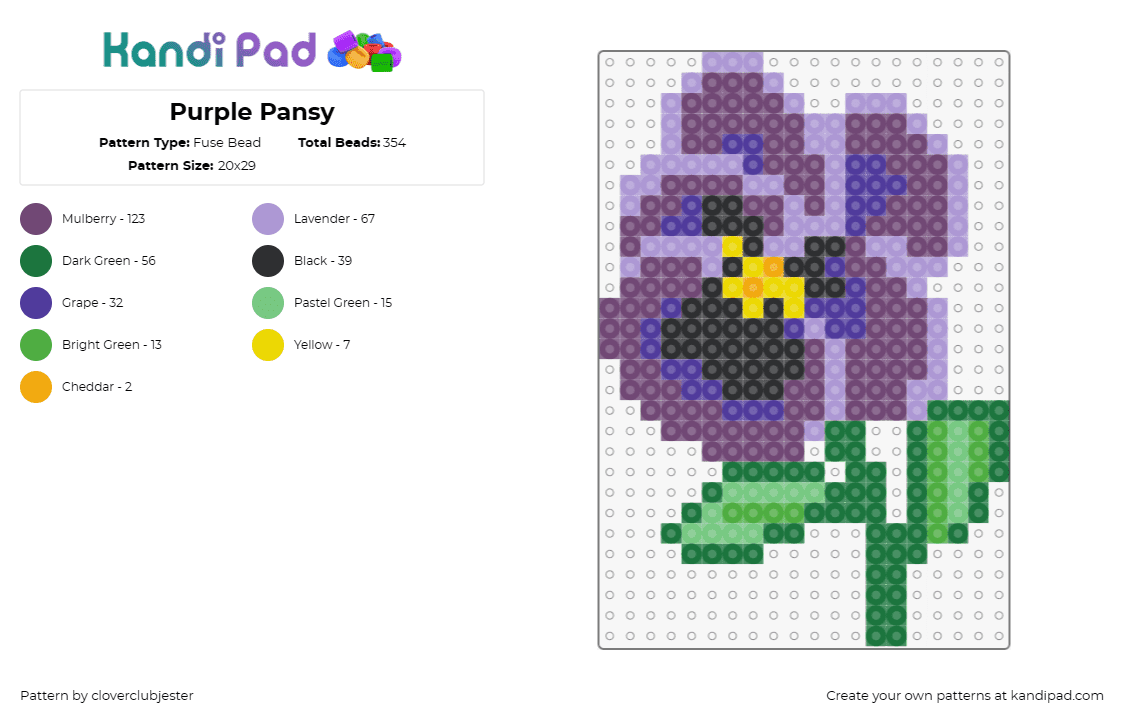 Purple Pansy - Fuse Bead Pattern by cloverclubjester on Kandi Pad - pansy,flower,plant,nature,garden,purple,green