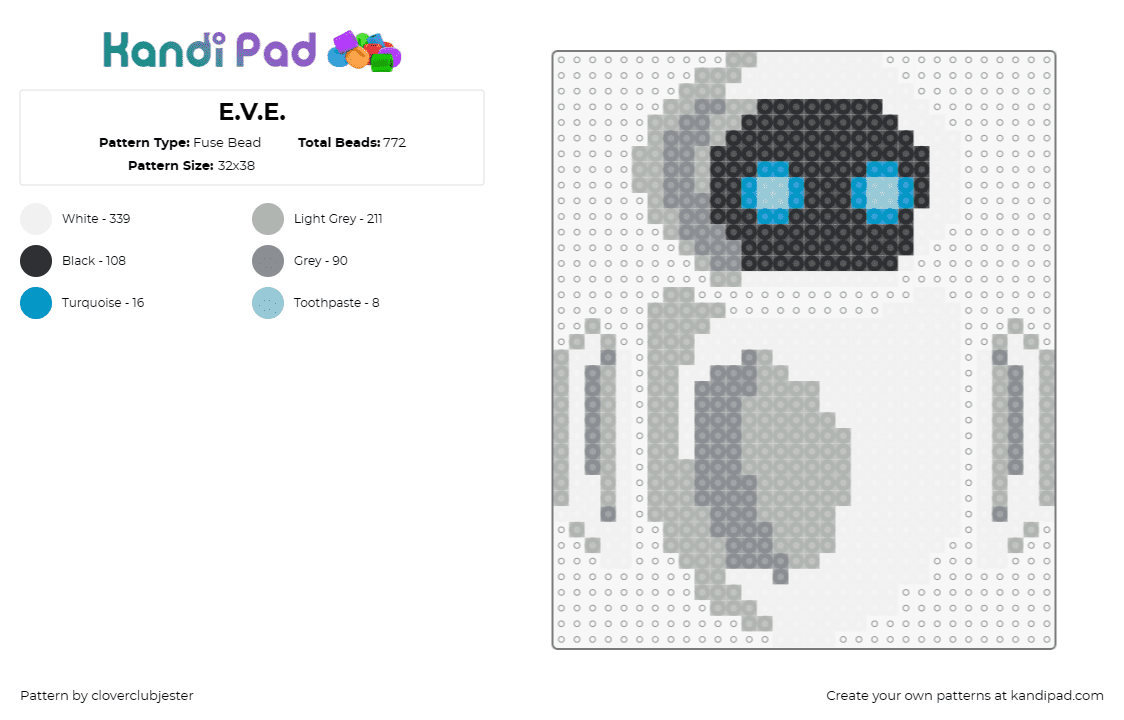 E.V.E. - Fuse Bead Pattern by cloverclubjester on Kandi Pad - eve,walle,disney,pixar,character,robot,movie,white,gray