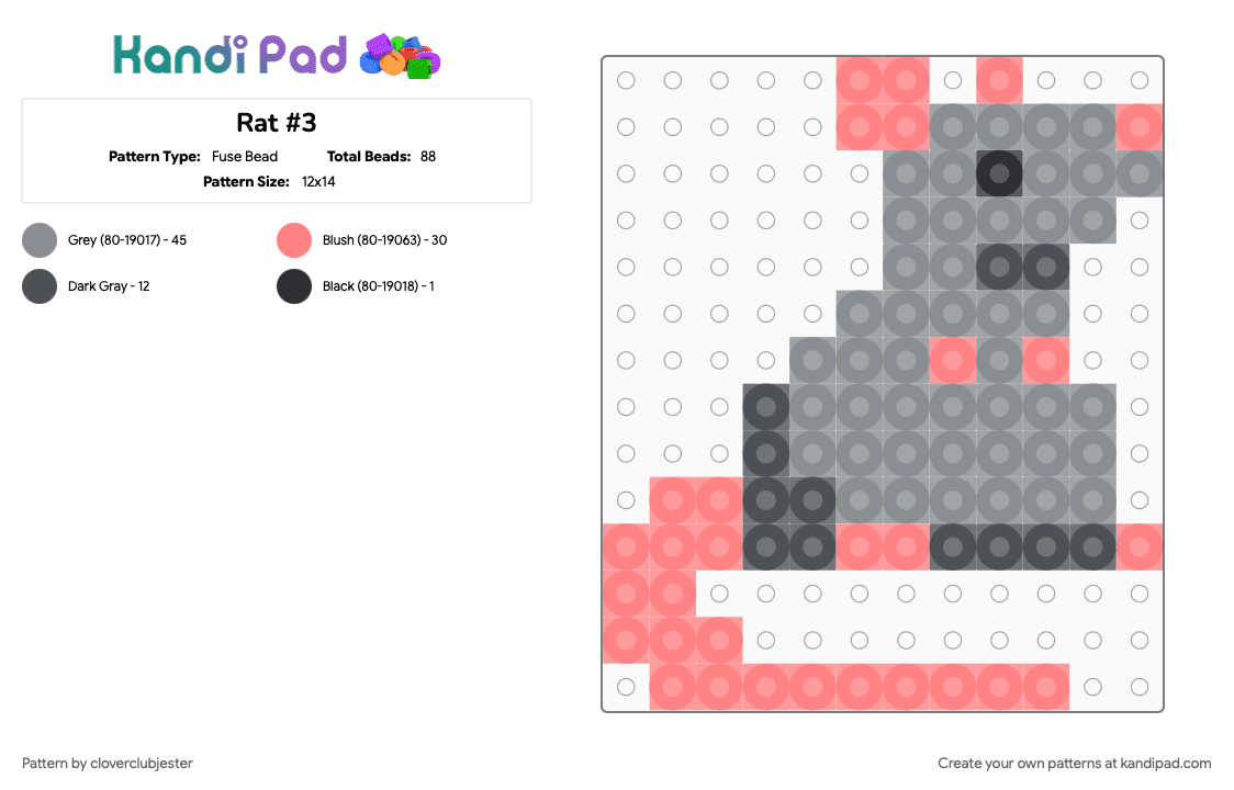 Rat #3 - Fuse Bead Pattern by cloverclubjester on Kandi Pad - gray, red