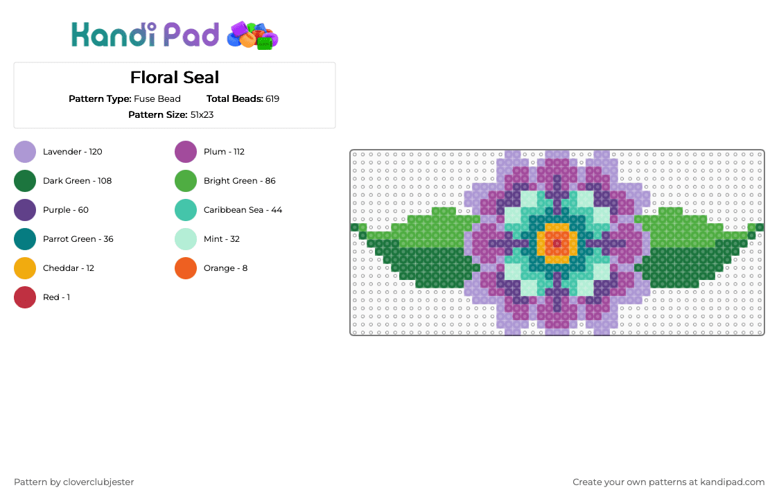 Floral Seal - Fuse Bead Pattern by cloverclubjester on Kandi Pad - teal,pink,green