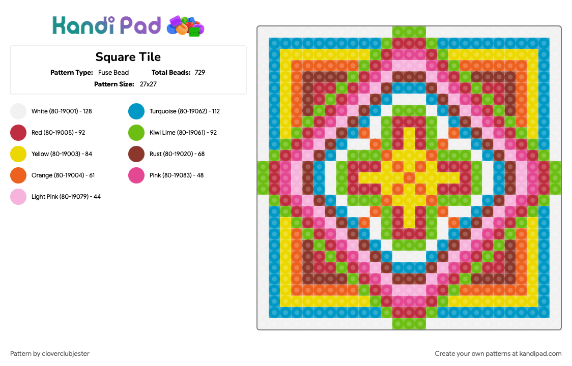 Square Tile - Fuse Bead Pattern by cloverclubjester on Kandi Pad - green, light blue, pink, red