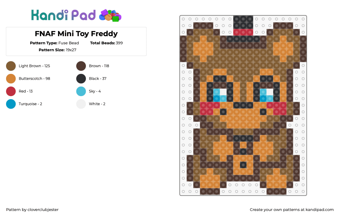 FNAF Mini Toy Freddy - Fuse Bead Pattern by cloverclubjester on Kandi Pad - freddy fazbear,fnaf,five nights at freddys,plush,character,tan,brown