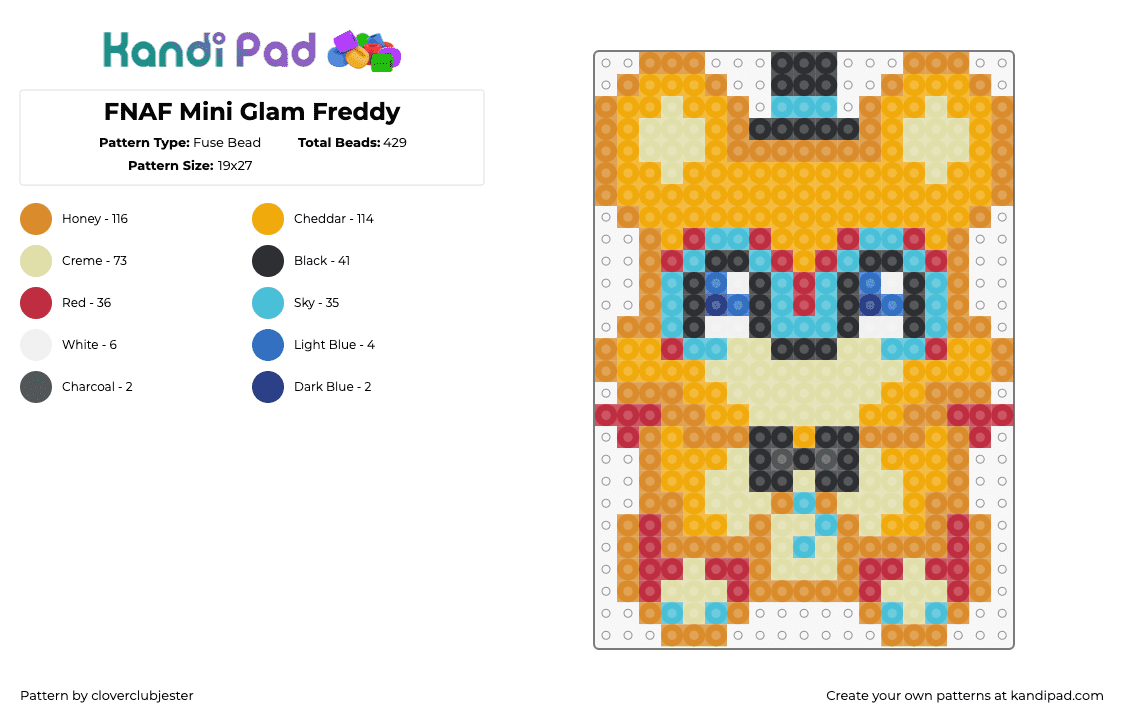 FNAF Mini Glam Freddy - Fuse Bead Pattern by cloverclubjester on Kandi Pad - freddy fazbear,glamrock,fnaf,five nights at freddys,cute,teddy,video game,character,horror,orange