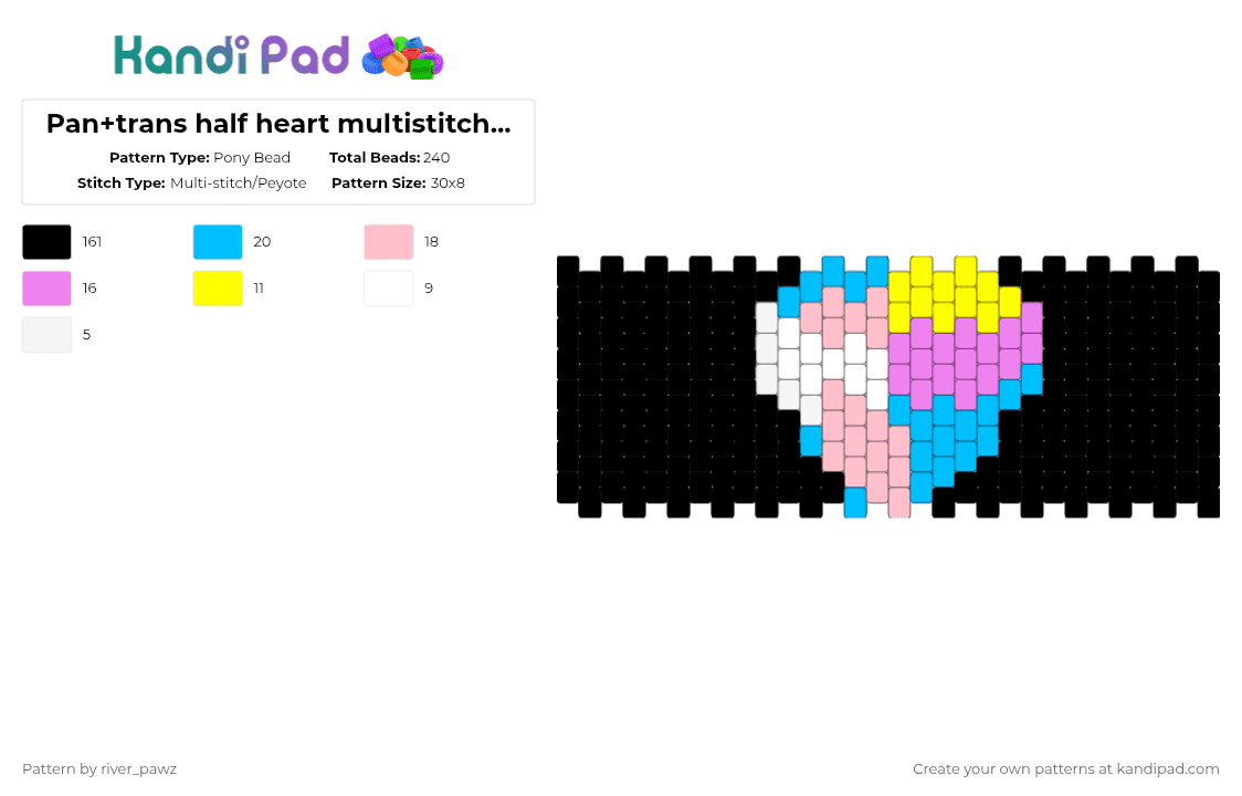 Pan+trans half heart multistitch cuff - Pony Bead Pattern by river_pawz on Kandi Pad - black,pink