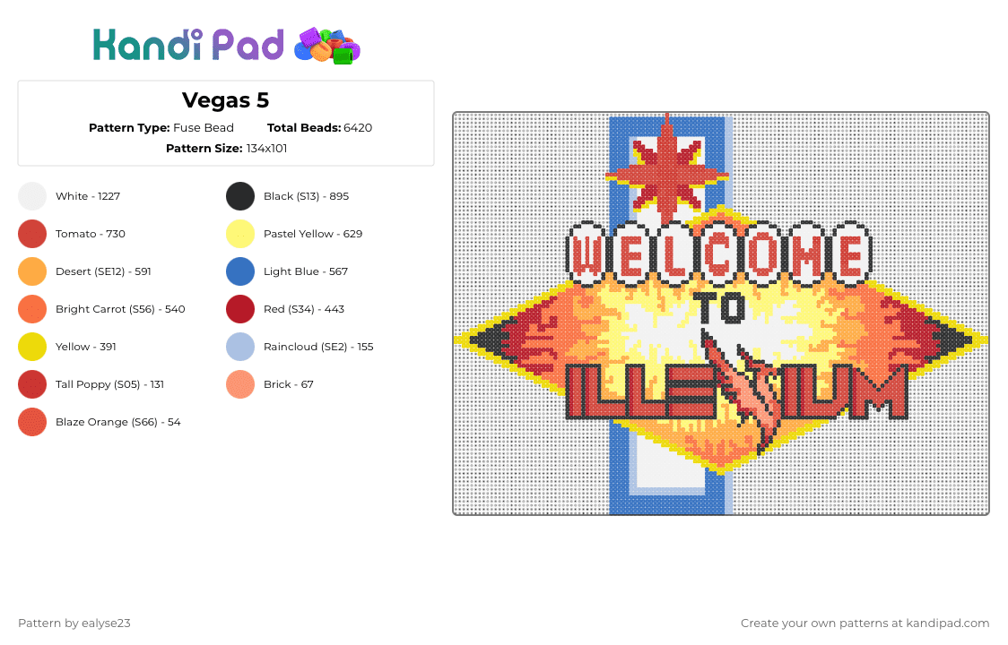 Vegas 5 - Fuse Bead Pattern by ealyse23 on Kandi Pad - illenium,vegas,logo,dj,edm,music,sign,fiery,casino,red,yellow,orange