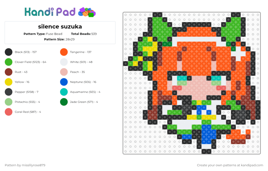 silence suzuka - Fuse Bead Pattern by misslilyrose879 on Kandi Pad - green,red,orange