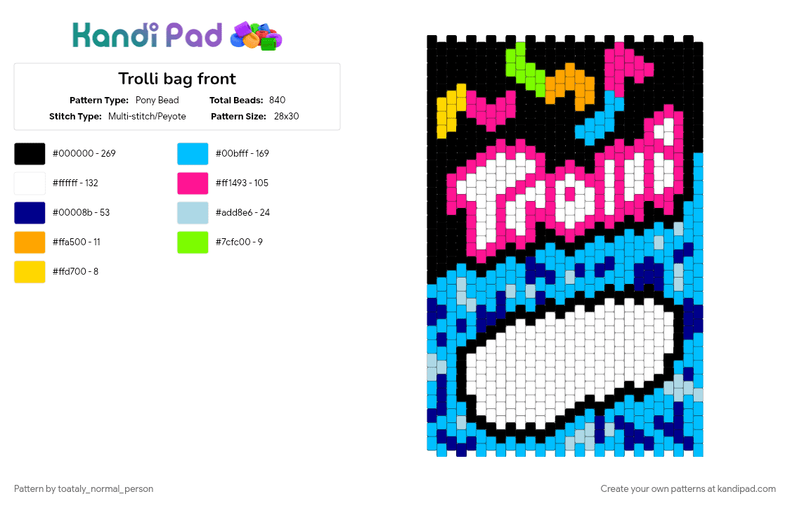 Trolli bag front - Pony Bead Pattern by toataly_normal_person on Kandi Pad - bag, blue and black, letters, light blue, pink, snack, trolli