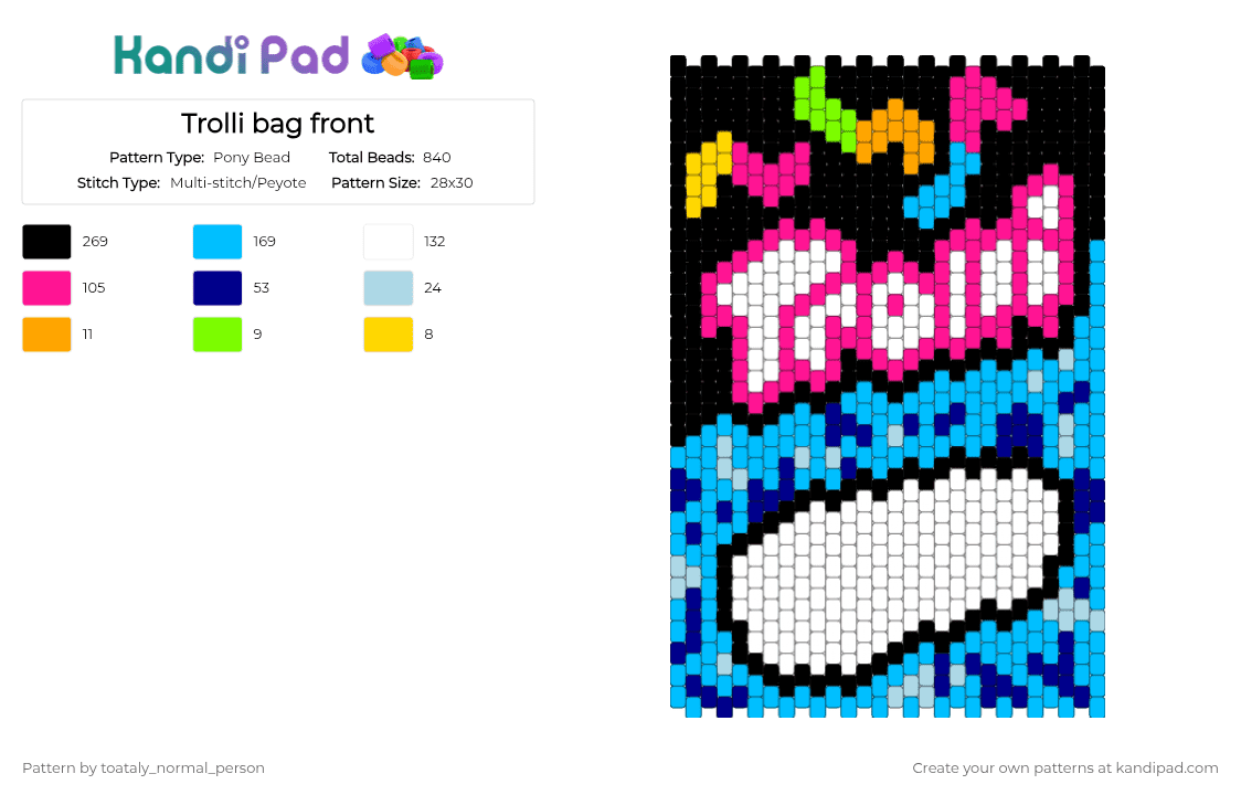 Trolli bag front - Pony Bead Pattern by toataly_normal_person on Kandi Pad - pink,light blue