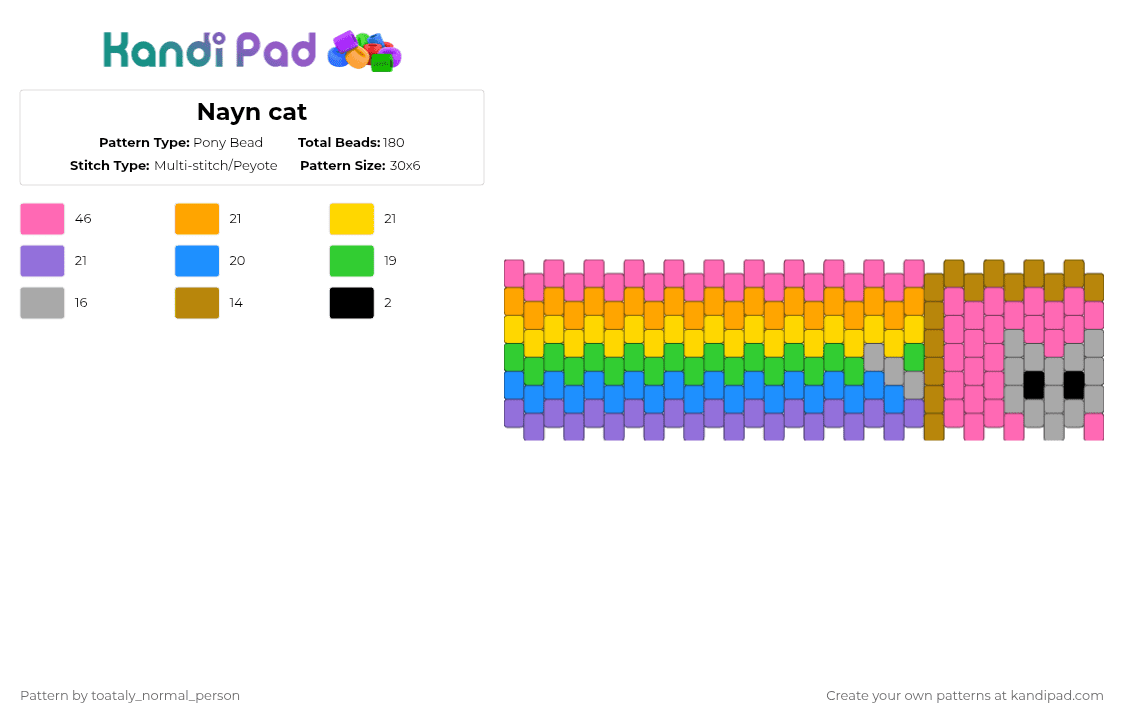 Nayn cat - Pony Bead Pattern by toataly_normal_person on Kandi Pad - colorful, light blue, pink, yellow