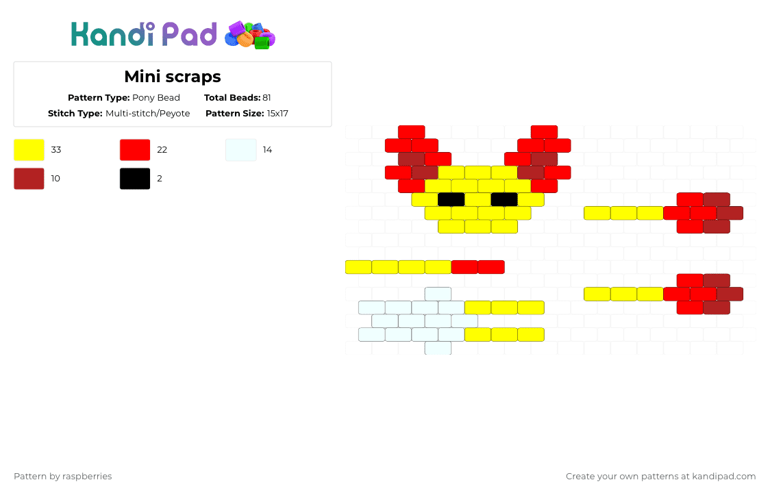 Mini scraps - Pony Bead Pattern by raspberries on Kandi Pad - red,yellow,tiny scraps,scraps,scraps doll,dandys world