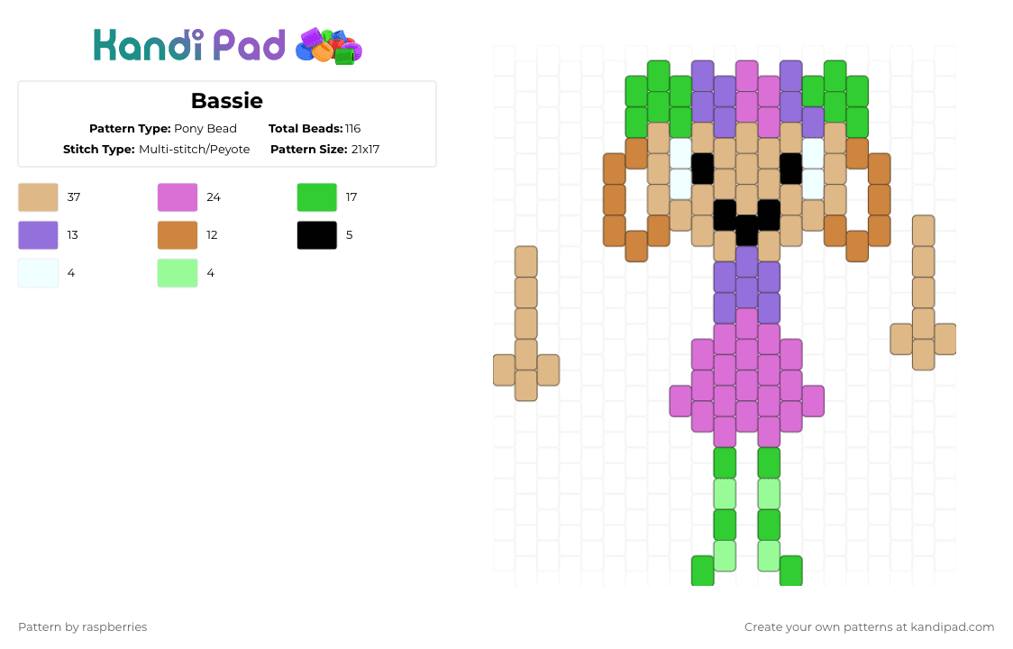 Bassie - Pony Bead Pattern by raspberries on Kandi Pad - green,pink,beige,bassie,dandys world,bassie from dandys world,bassie dandys world,purple,flower basket,easter