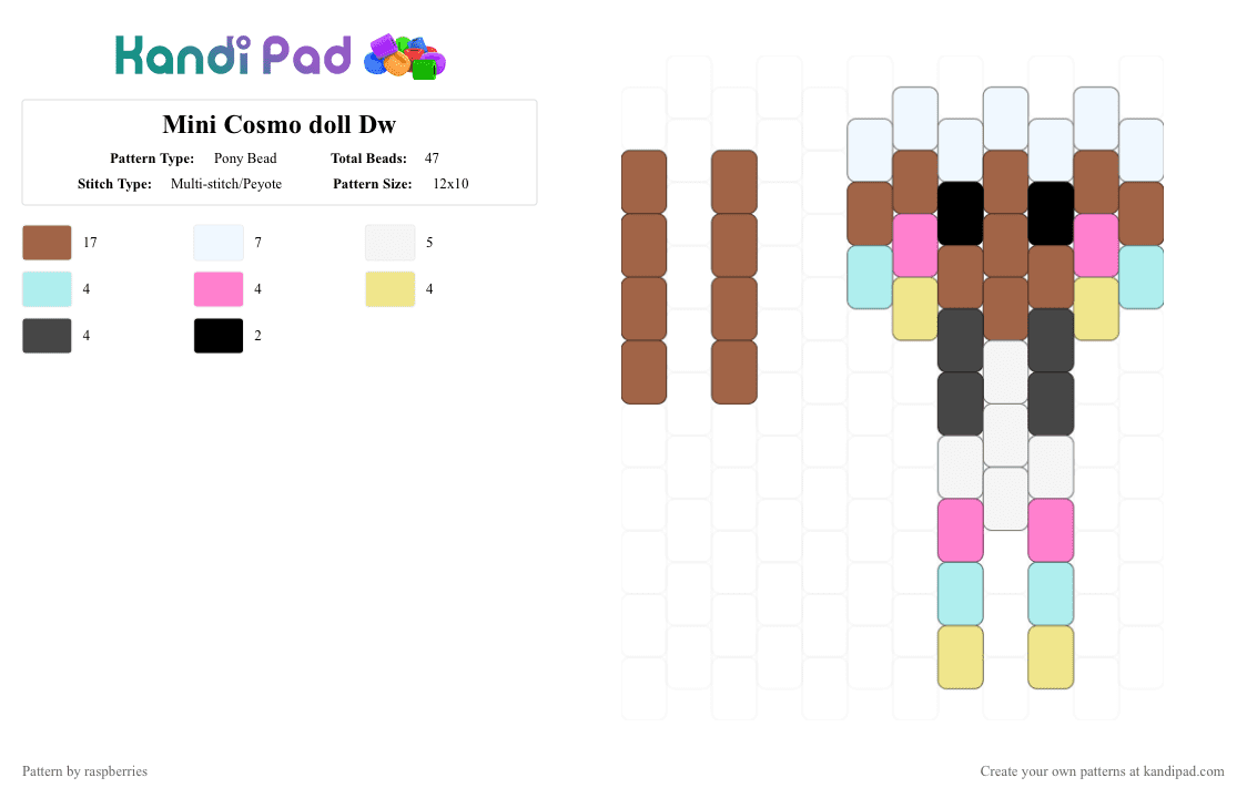 Mini Cosmo doll Dw - Pony Bead Pattern by raspberries on Kandi Pad - tan,cosmo,dw,dandys world,brown,pink,blue,yellow,white