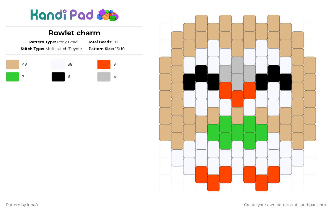 Rowlet charm - Pony Bead Pattern by luna8 on Kandi Pad - beige