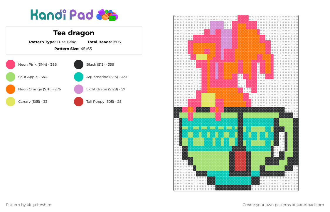 Tea dragon - Fuse Bead Pattern by kittycheshire on Kandi Pad - red,orange,teal,green,dragon,tea,teacup