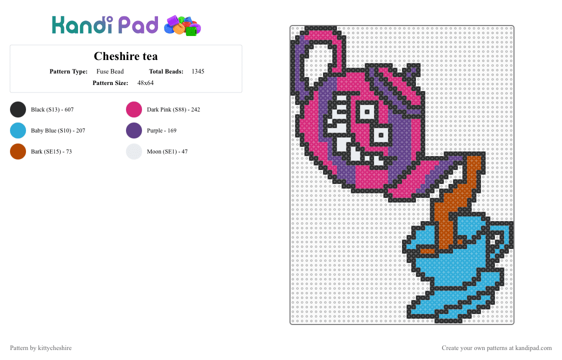 Cheshire tea - Fuse Bead Pattern by kittycheshire on Kandi Pad - pink,purple,light blue,alice,wonderland,cheshire,teaparty