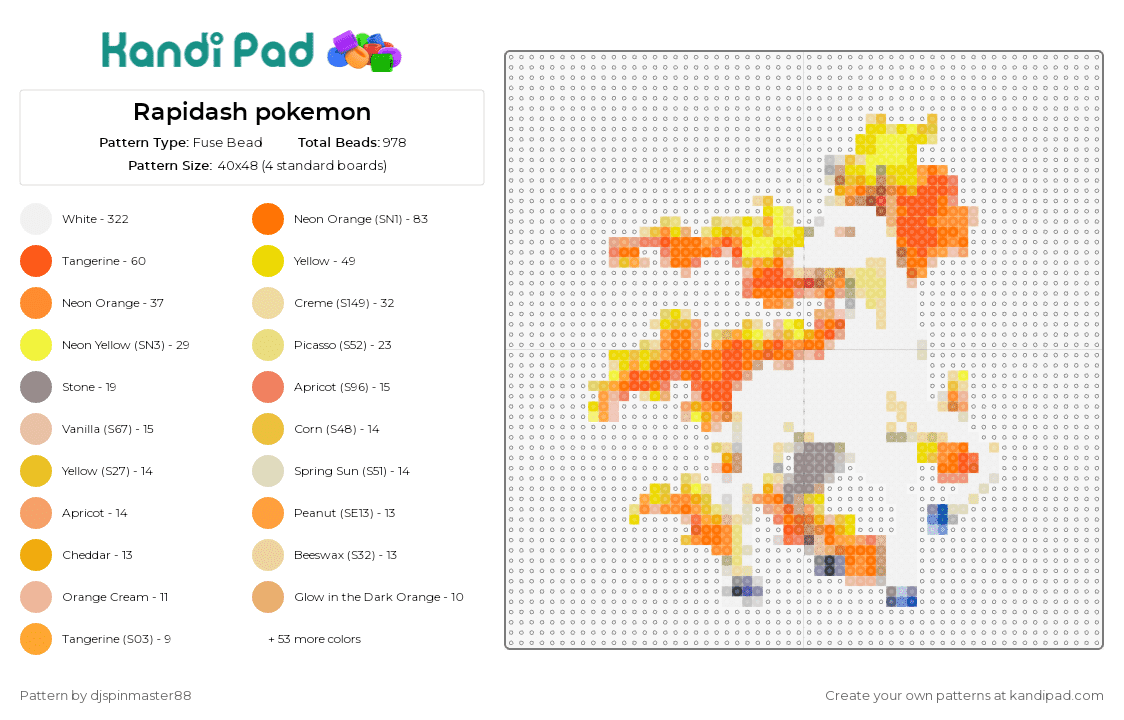 Rapidash pokemon - Fuse Bead Pattern by djspinmaster88 on Kandi Pad - rapidash,pokemon,fiery,horse,majestic,white,orange,gallop,flames,mythical