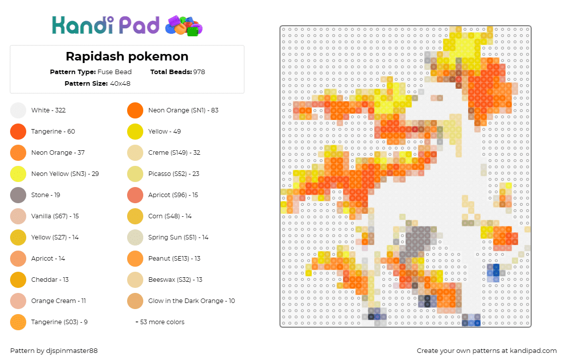 Rapidash pokemon - Fuse Bead Pattern by djspinmaster88 on Kandi Pad - rapidash,pokemon,fiery,horse,majestic,white,orange,gallop,flames,mythical