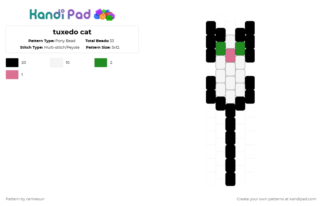 tuxedo cat - Pony Bead Pattern by cemiesun on Kandi Pad - black,white,green,pink