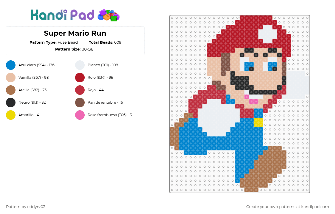 Super Mario Run - Fuse Bead Pattern by eddyrv03 on Kandi Pad - red,tan,blue,beige