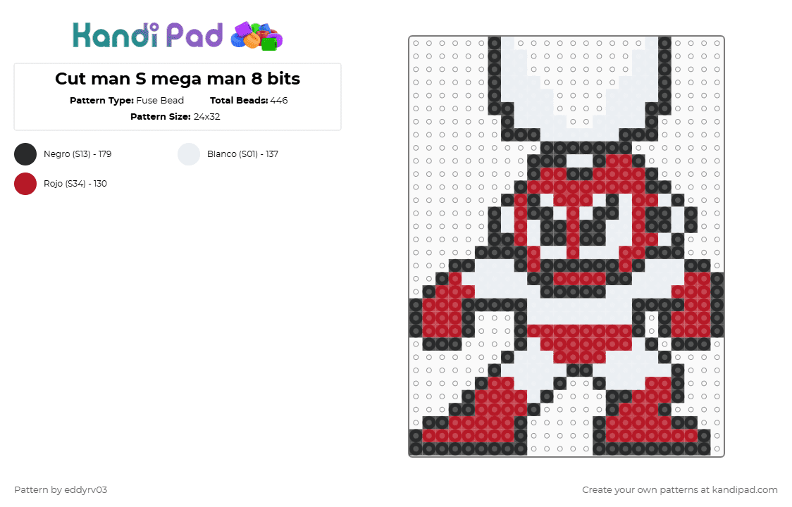 Cut man S mega man 8 bits - Fuse Bead Pattern by eddyrv03 on Kandi Pad - red, white