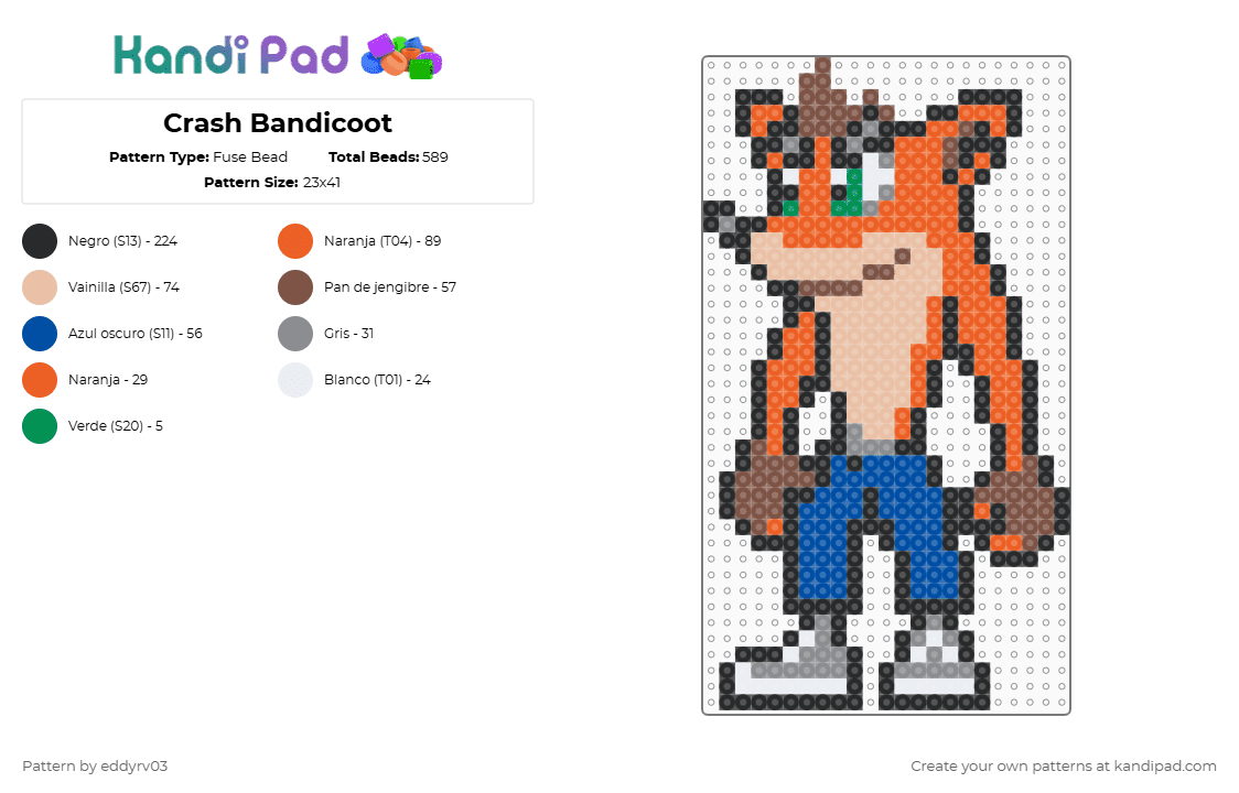 Crash Bandicoot - Fuse Bead Pattern by eddyrv03 on Kandi Pad - blue,tan,orange,beige