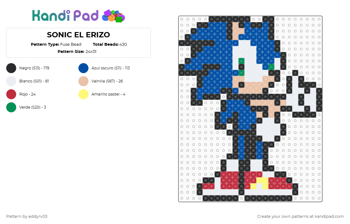 SONIC EL ERIZO - Fuse Bead Pattern by eddyrv03 on Kandi Pad - blue