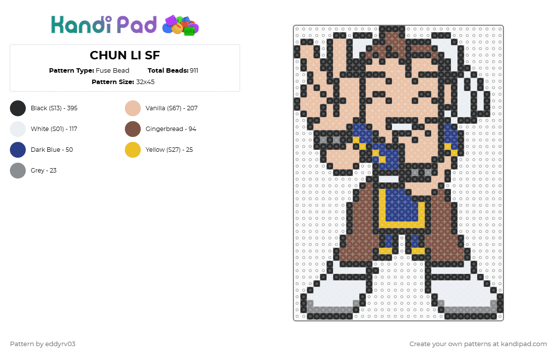 CHUN LI SF - Fuse Bead Pattern by eddyrv03 on Kandi Pad - chun li,street fighter,fighting game,capcom,video game,gaming,black,tan,beige