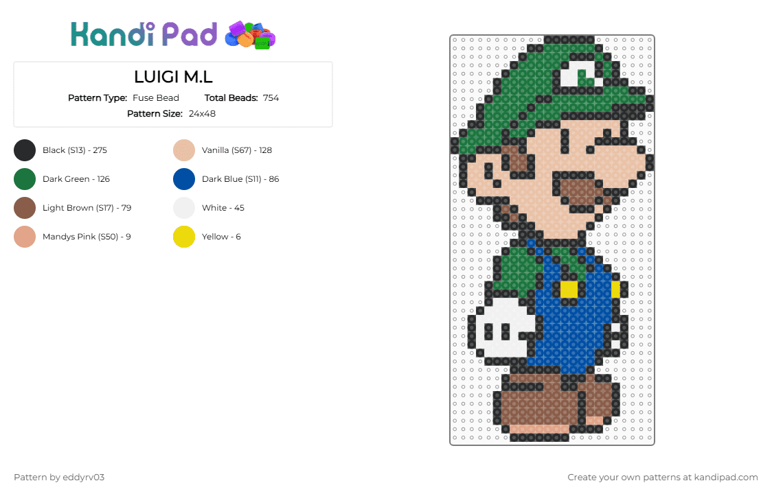 LUIGI M.L - Fuse Bead Pattern by eddyrv03 on Kandi Pad - beige,blue,green