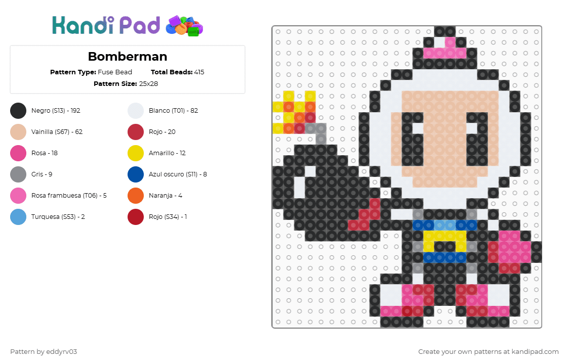 Bomberman - Fuse Bead Pattern by eddyrv03 on Kandi Pad - black,white,beige,red,colorful