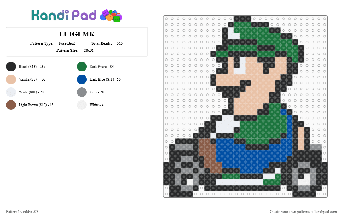 LUIGI MK - Fuse Bead Pattern by eddyrv03 on Kandi Pad - beige, black, blue, green