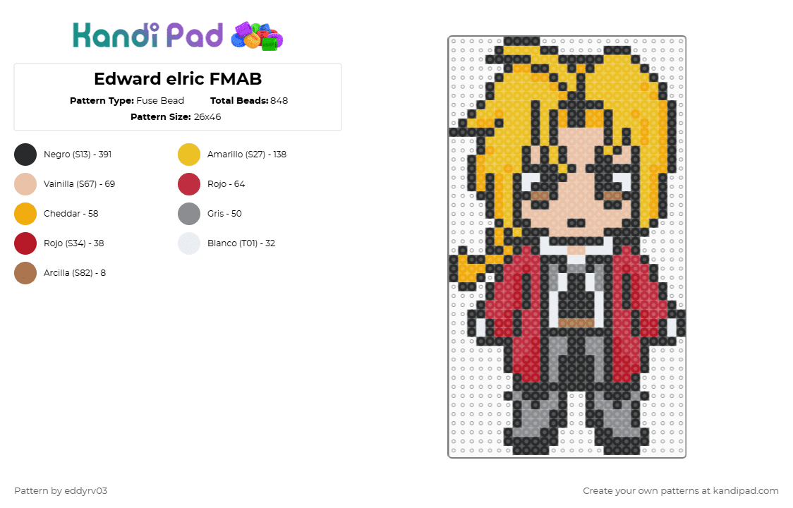 Edward elric FMAB - Fuse Bead Pattern by eddyrv03 on Kandi Pad - black,red,beige,yellow