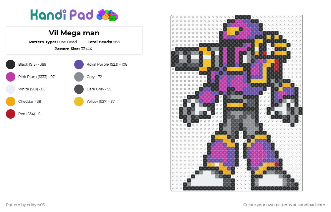 Vil Mega man - Fuse Bead Pattern by eddyrv03 on Kandi Pad - black,gray,purple,pink