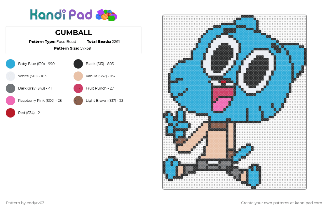 GUMBALL - Fuse Bead Pattern by eddyrv03 on Kandi Pad - light blue