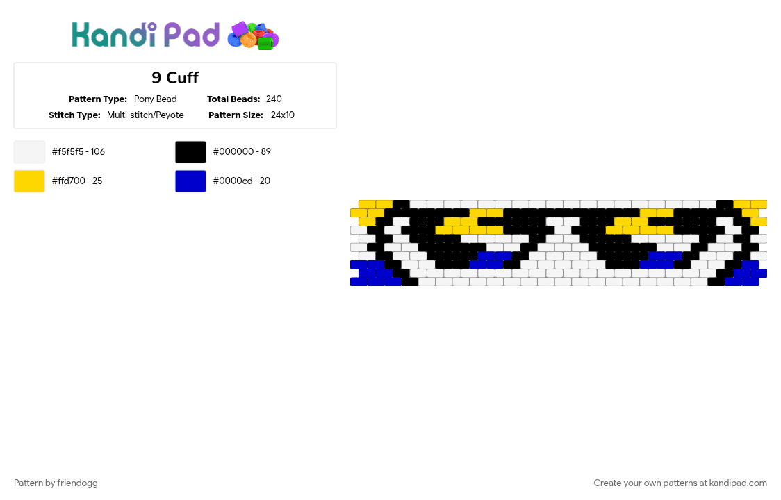 9 Cuff - Pony Bead Pattern by friendogg on Kandi Pad - 9, bfdi, purple, tpot, white, xfohv, yellow