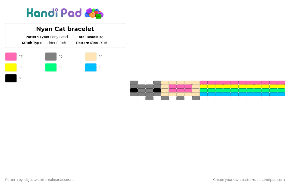 Nyan Cat bracelet - Pony Bead Pattern by idcjustwanttomakeanaccount on Kandi Pad - gray,beige,pink