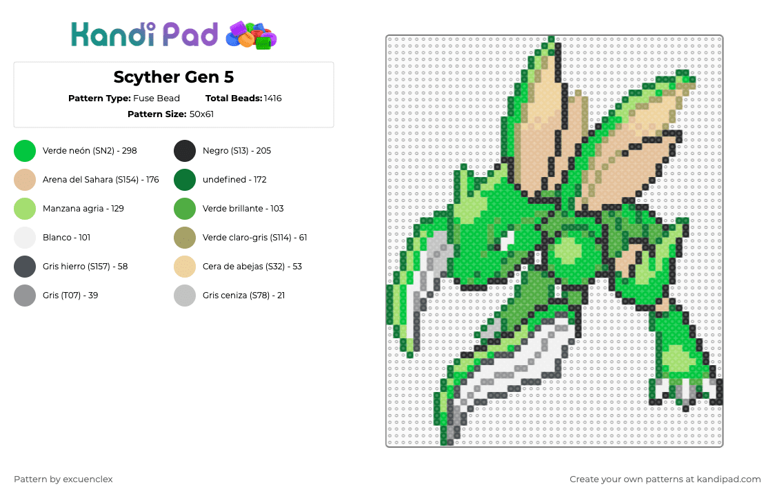 Scyther Gen 5 - Fuse Bead Pattern by excuenclex on Kandi Pad - green,beige,pokemon,scyther,gen 5