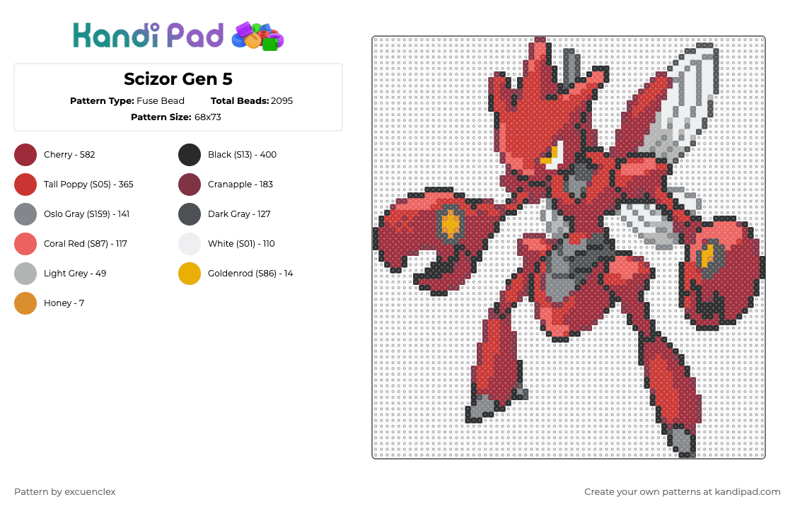 Scizor Gen 5 - Fuse Bead Pattern by excuenclex on Kandi Pad - red,pokemon,gen 5