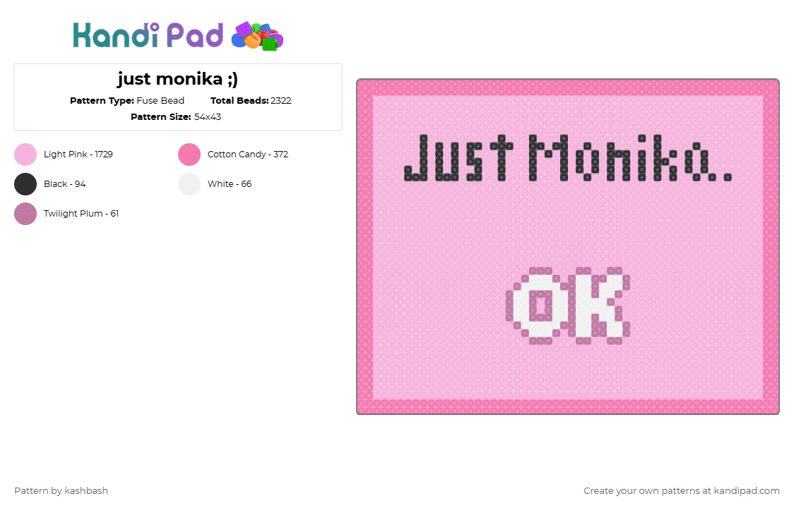 just monika ;) - Fuse Bead Pattern by kashbash on Kandi Pad - ddlc, doki doki literature club, horror game, i gently open the door, just monika, monika, pink