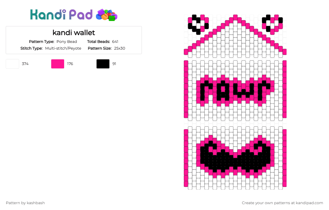 kandi wallet - Pony Bead Pattern by kashbash on Kandi Pad - pink,white,wallet,kandi wallet,black,mustache,rawr