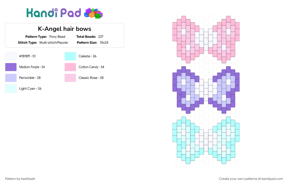 K-Angel hair bows - Pony Bead Pattern by kashbash on Kandi Pad - blue, bow, ita bag, kangel, kawaii, nso, pink, purple