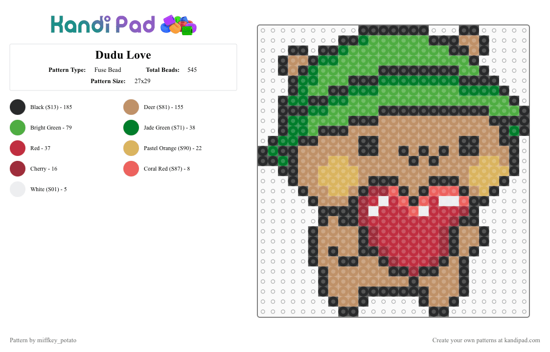 Dudu Love - Fuse Bead Pattern by miffkey_potato on Kandi Pad - tan,green,dudu,bear,bucket hat,love,heart