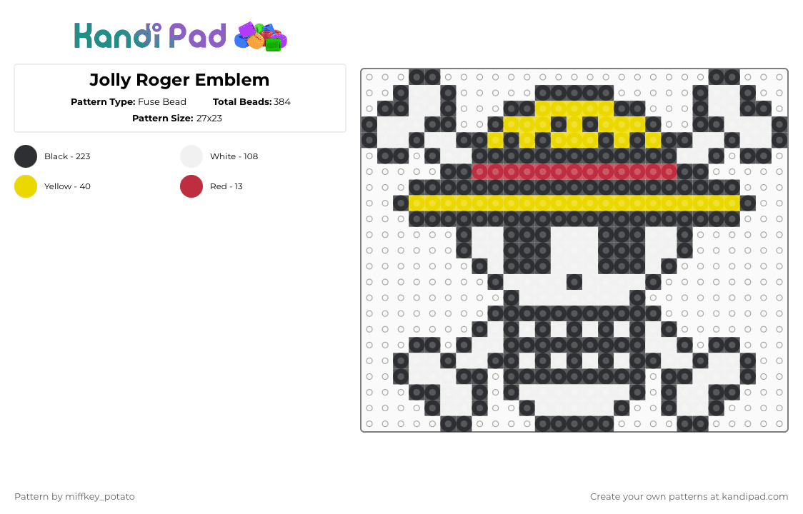 Jolly Roger Emblem - Fuse Bead Pattern by miffkey_potato on Kandi Pad - black,white,yellow,jolly roger,one piece,anime,pirate,luffy