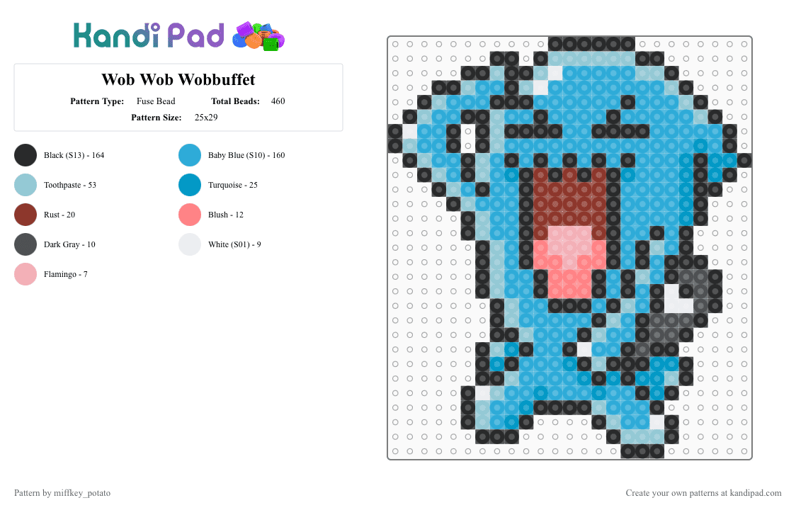 Wob Wob Wobbuffet - Fuse Bead Pattern by miffkey_potato on Kandi Pad - light blue,wobbuffet,pokemon