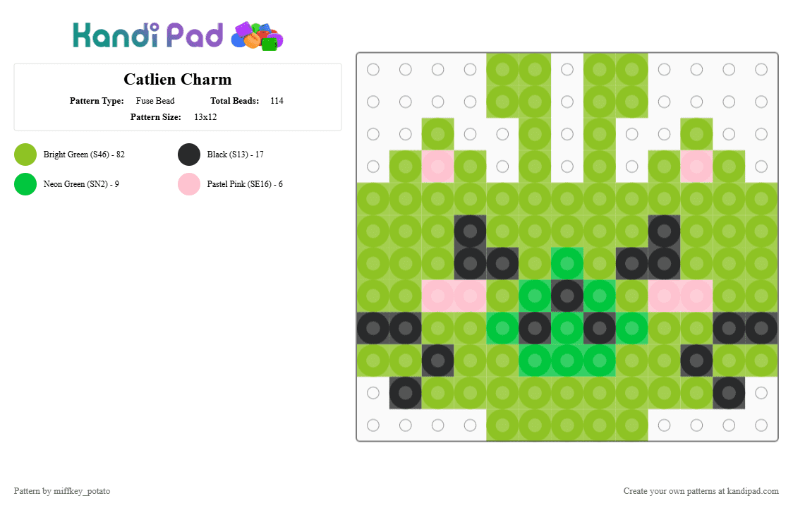 Catlien Charm - Fuse Bead Pattern by miffkey_potato on Kandi Pad - alien, animal, cat, charm, cute, green