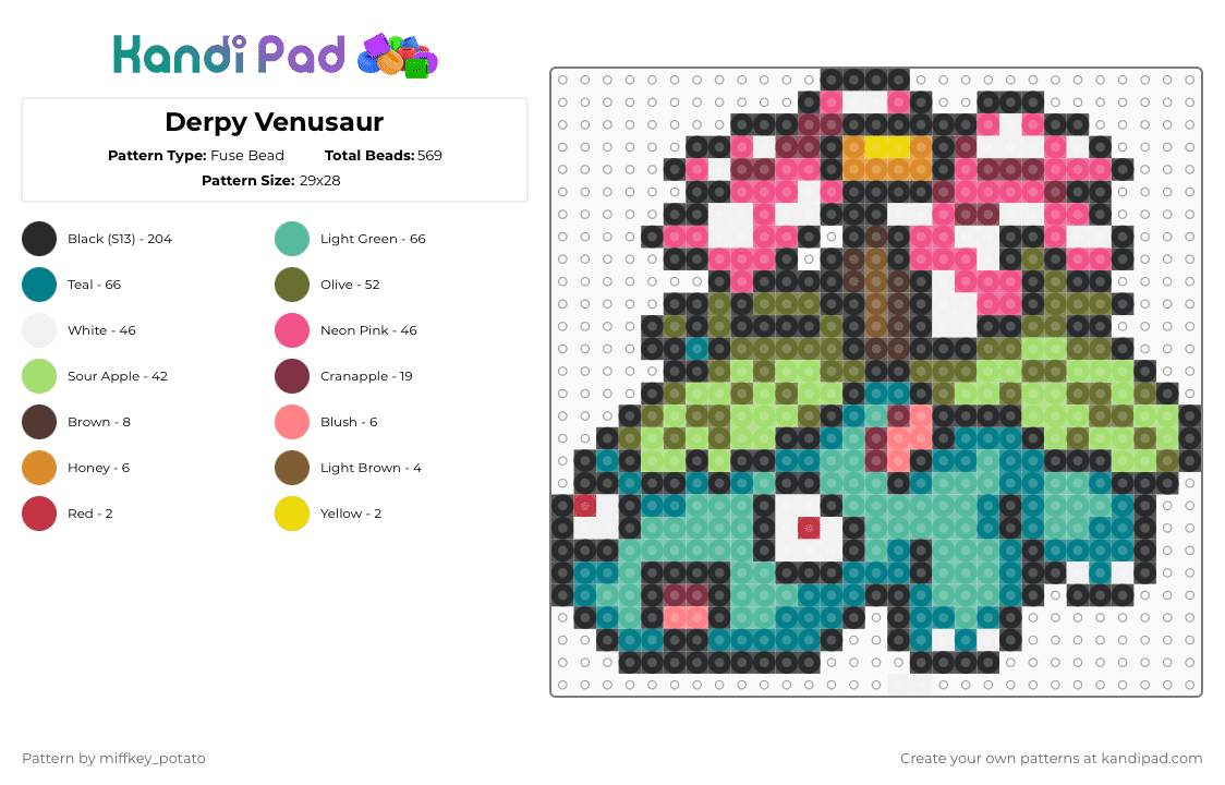 Derpy Venusaur - Fuse Bead Pattern by miffkey_potato on Kandi Pad - teal,pink,gold,green,venusaur,pokemon,derpy
