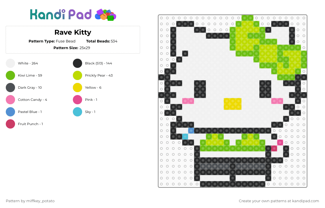 Rave Kitty - Fuse Bead Pattern by miffkey_potato on Kandi Pad - white,green,rave,hello kitty,neon