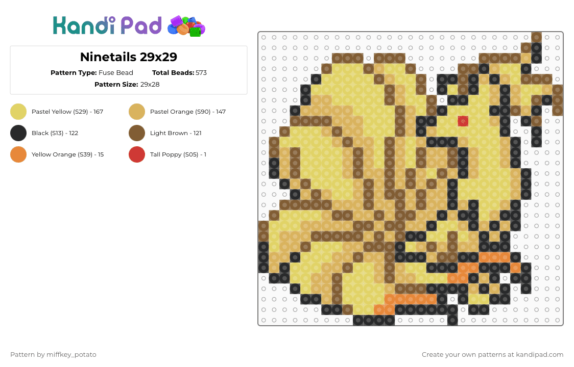 Ninetails 29x29 - Fuse Bead Pattern by miffkey_potato on Kandi Pad - tan,yellow,orange,pokemon,ninetails,fox